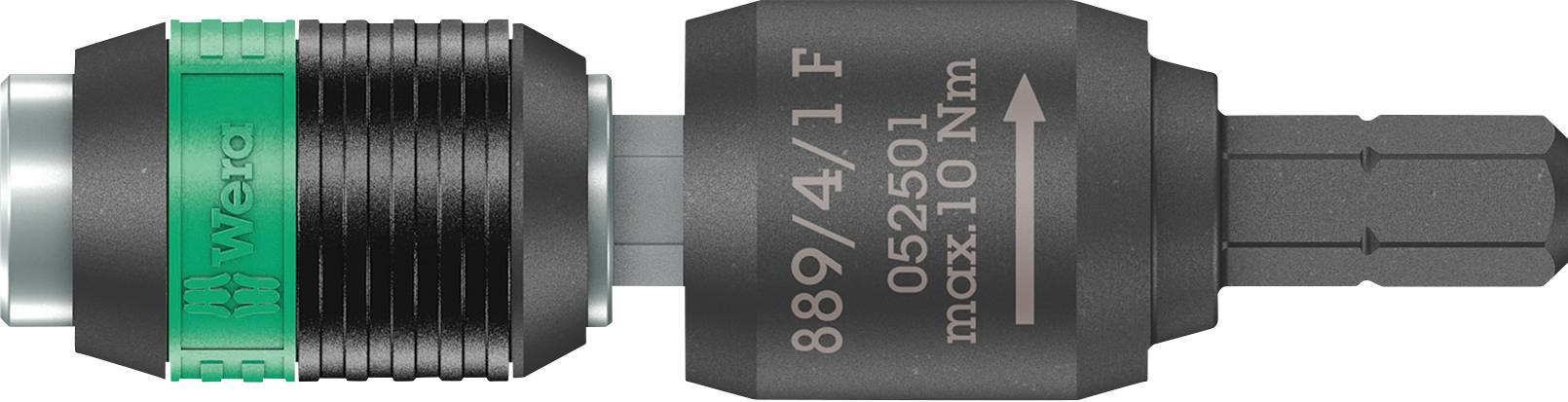 Wera adapter a megszokott zöld és fekete dizájnnal, '889/4/1 F' jelöléssel és maximum 10 Nm nyomatékkal.