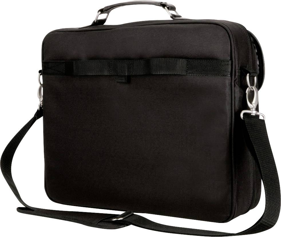 Egy fekete laptoptáska fogantyúval és vállpánttal.