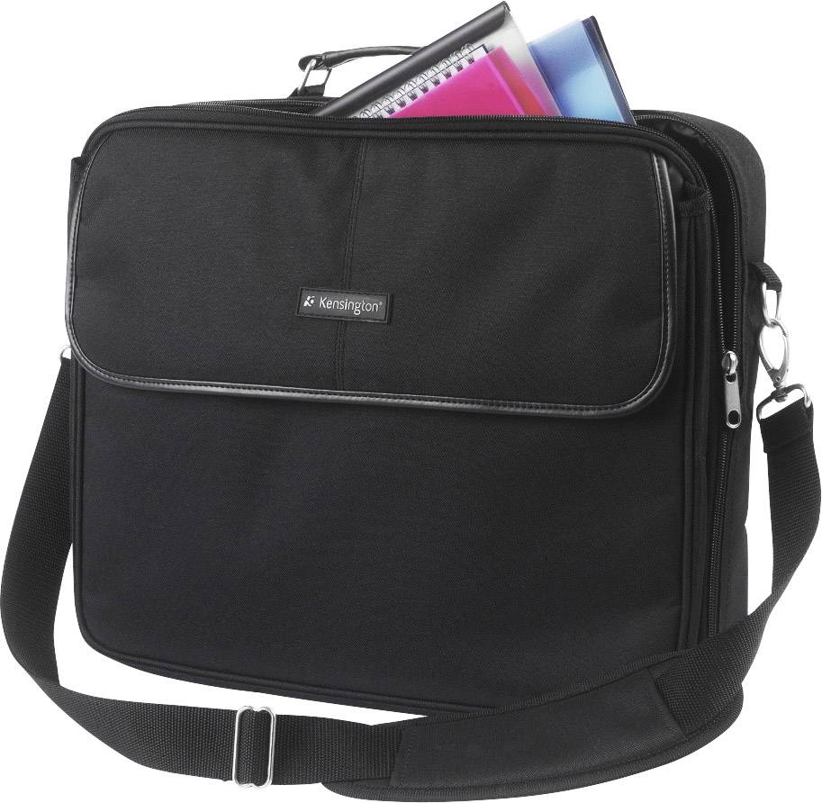 Fekete laptoptáska vállpánttal, tarka mappákat tartalmaz. Ideális irodai vagy utazási használatra.