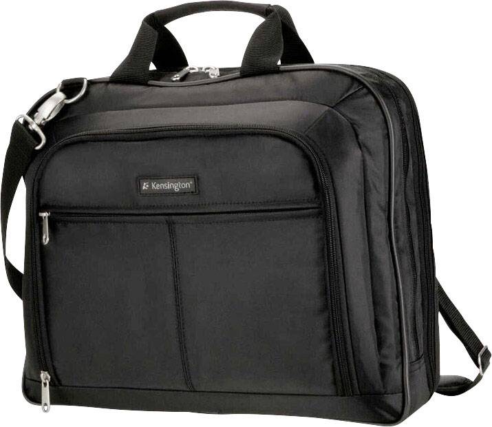 Fekete laptop táska két fogantyúval, állítható vállpánttal és több cipzáras zsebbel; praktikus utazáshoz.