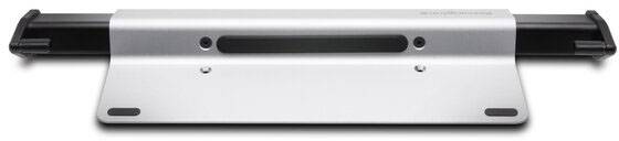 Ezüstszínű, téglalap alakú tartó fekete fogantyúkkal és fali rögzítésre szolgáló furatokkal. Elektronikai eszközökhöz alkalmas.