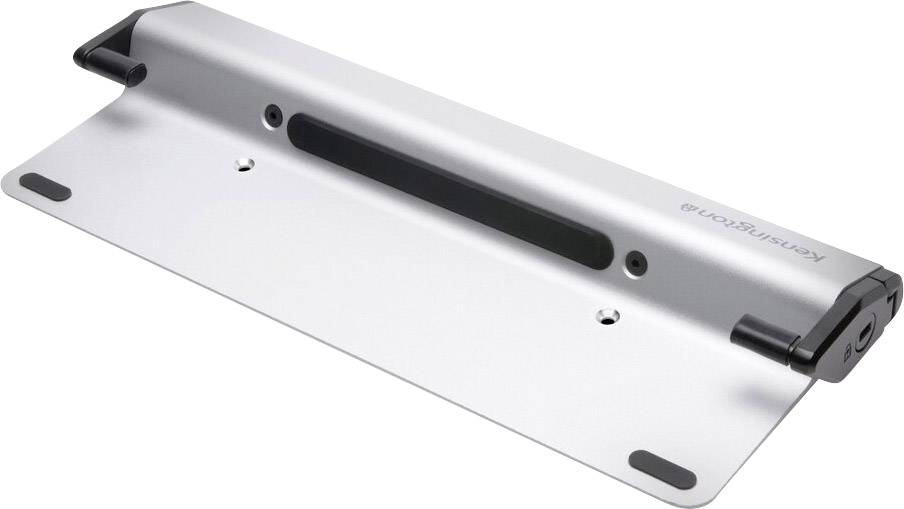 Egy ezüstszínű laptoptartó fekete gumipárnával, amely biztosan tartja a készülékeket. Úgy tervezték, hogy javítsa a szellőzést és az ergonómiát.