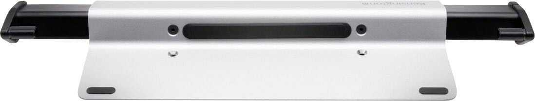 Egy ezüstszínű, lapos laptoptartó fekete fogantyúval, amely stabilitást és szellőzést biztosít.