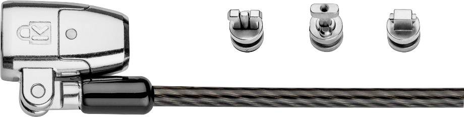 Egy ezüstszínű lakat kábeles zárszerkezettel és három különböző adapter betéttel, biztonsági alkalmazásokhoz megfelelő kivitelben.