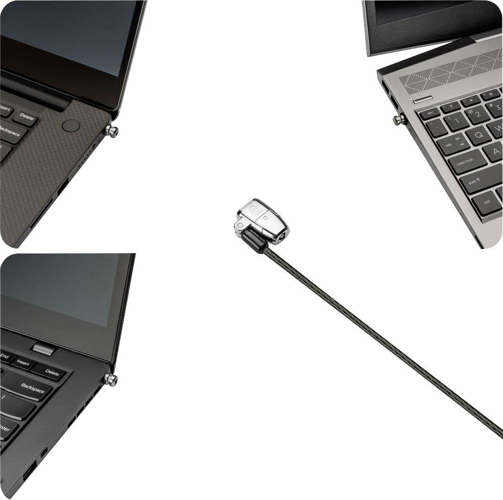Három laptop lekerekített sarkokkal és látható képernyőkkel, mellettük egy külön biztonsági kábel a lopás ellen.