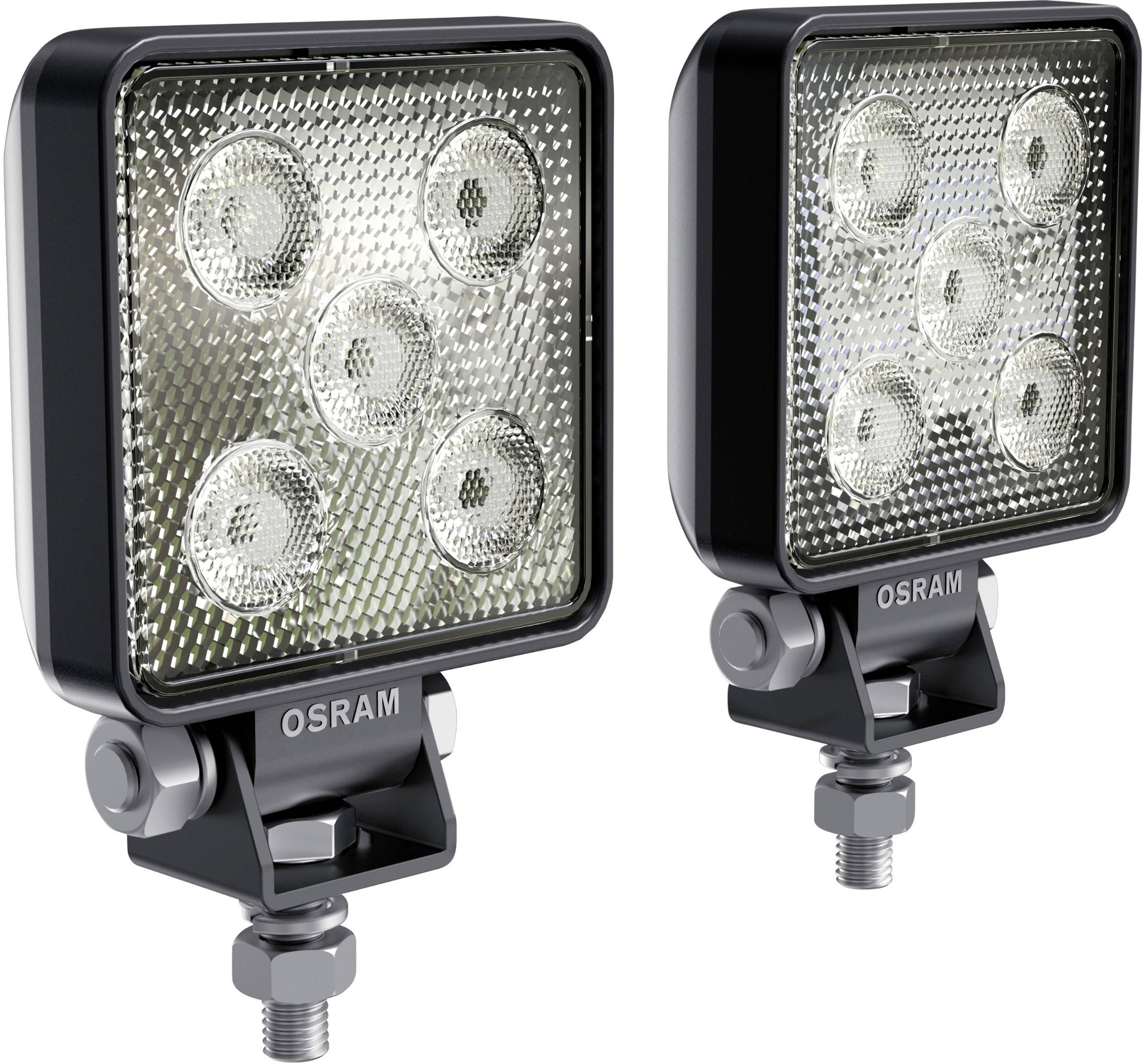 Két négyzet alakú LED-reflektor, egyenként hat kerek lencsével, egy masszív rögzítőkonzolra szerelve.