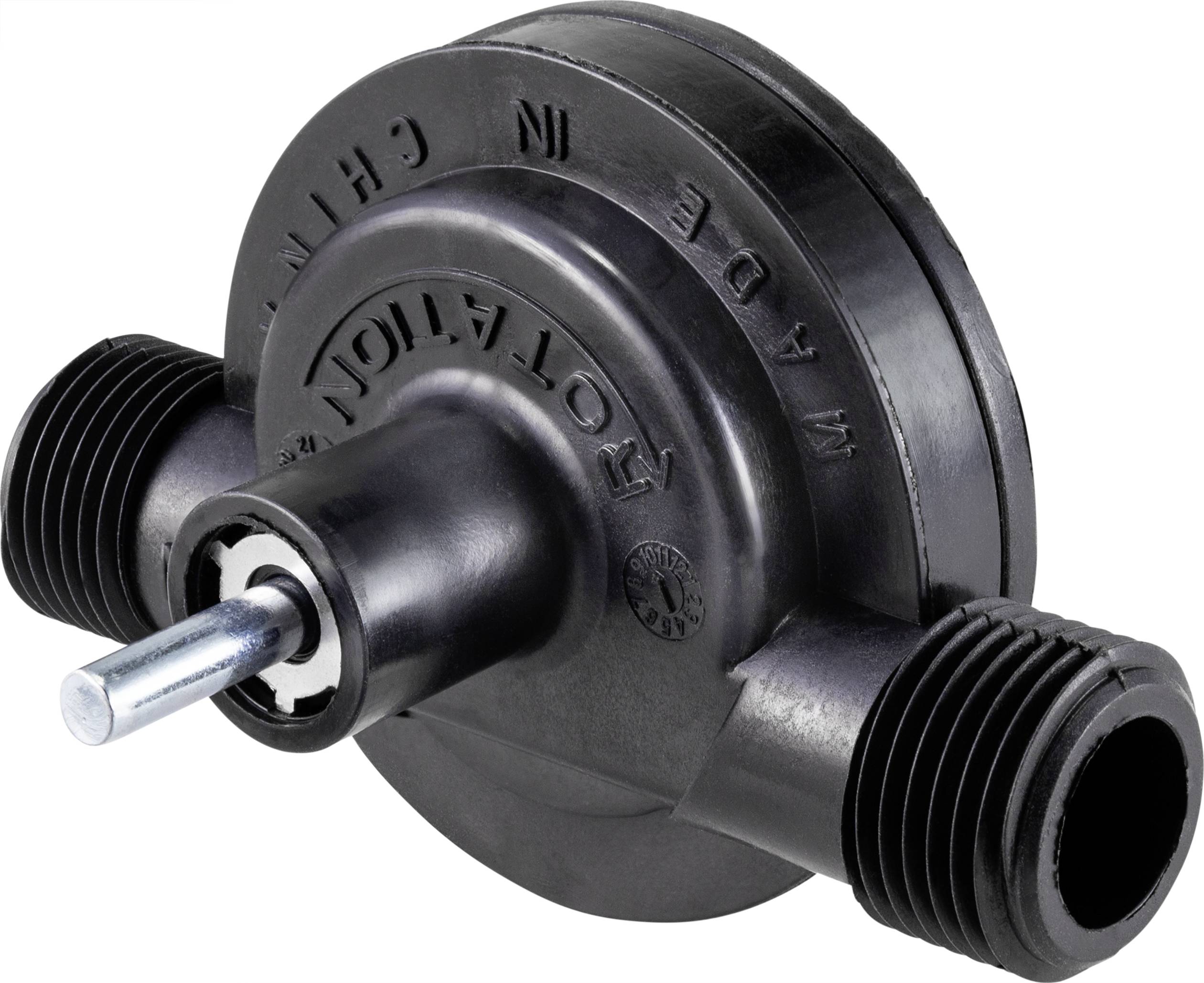 Fekete műanyag áramlásmérő két csatlakozómenettel és egy fém forgórészű csappal.