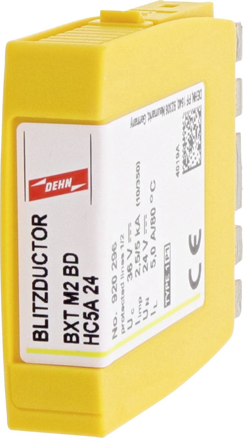 Dehn sárga villámvédelmi készülék BXT M2 BD HC5A 24 műszaki specifikációkkal az elülső oldalán.