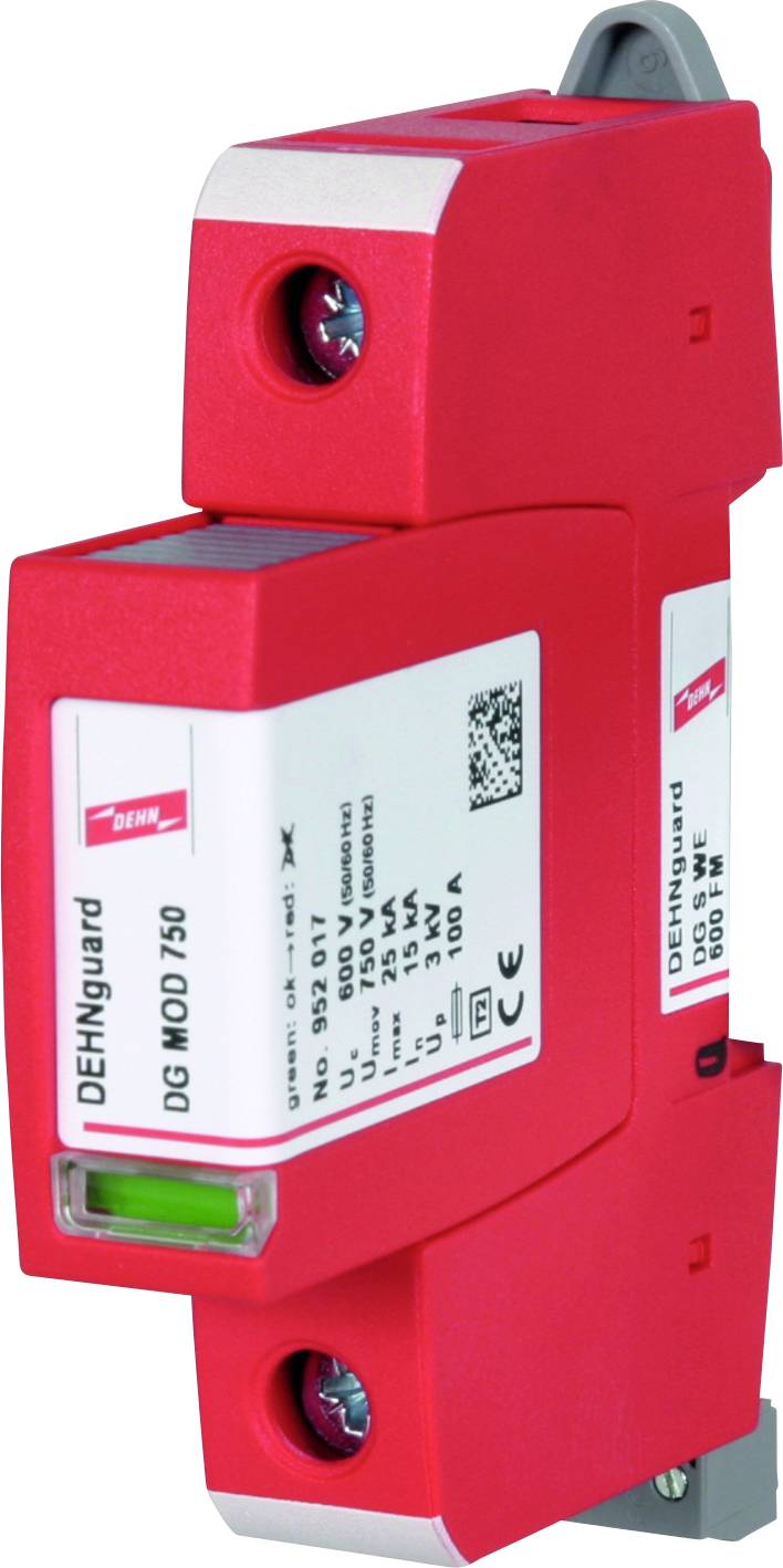 Egy piros készülékmodul, amelyen a 'DEHNguard DG M D 750' felirat olvasható. Elektromos berendezésekben túlfeszültség-védelemre szolgál.