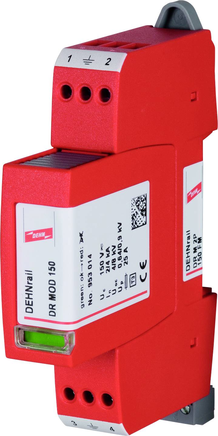 Egy piros, DEHN márkájú eszköz, amelyen a 'DEHNrail DR MOD 150' felirat szerepel. Ez egy túlfeszültségvédelmi modul elektromos berendezésekhez.