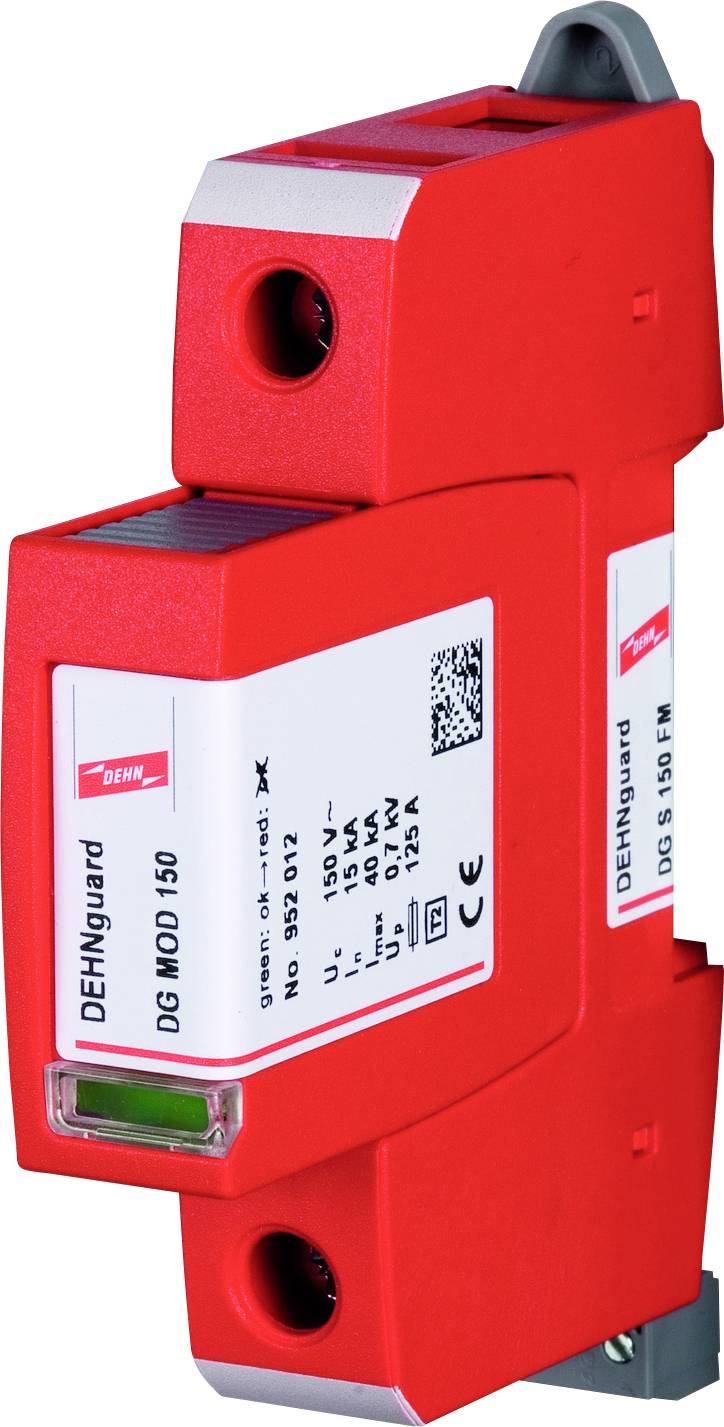 'DEHNguard DG M OD 150' túlfeszültségvédő készülék piros színben, elektromos rendszerek védelmére. A címkén műszaki részletek találhatók.