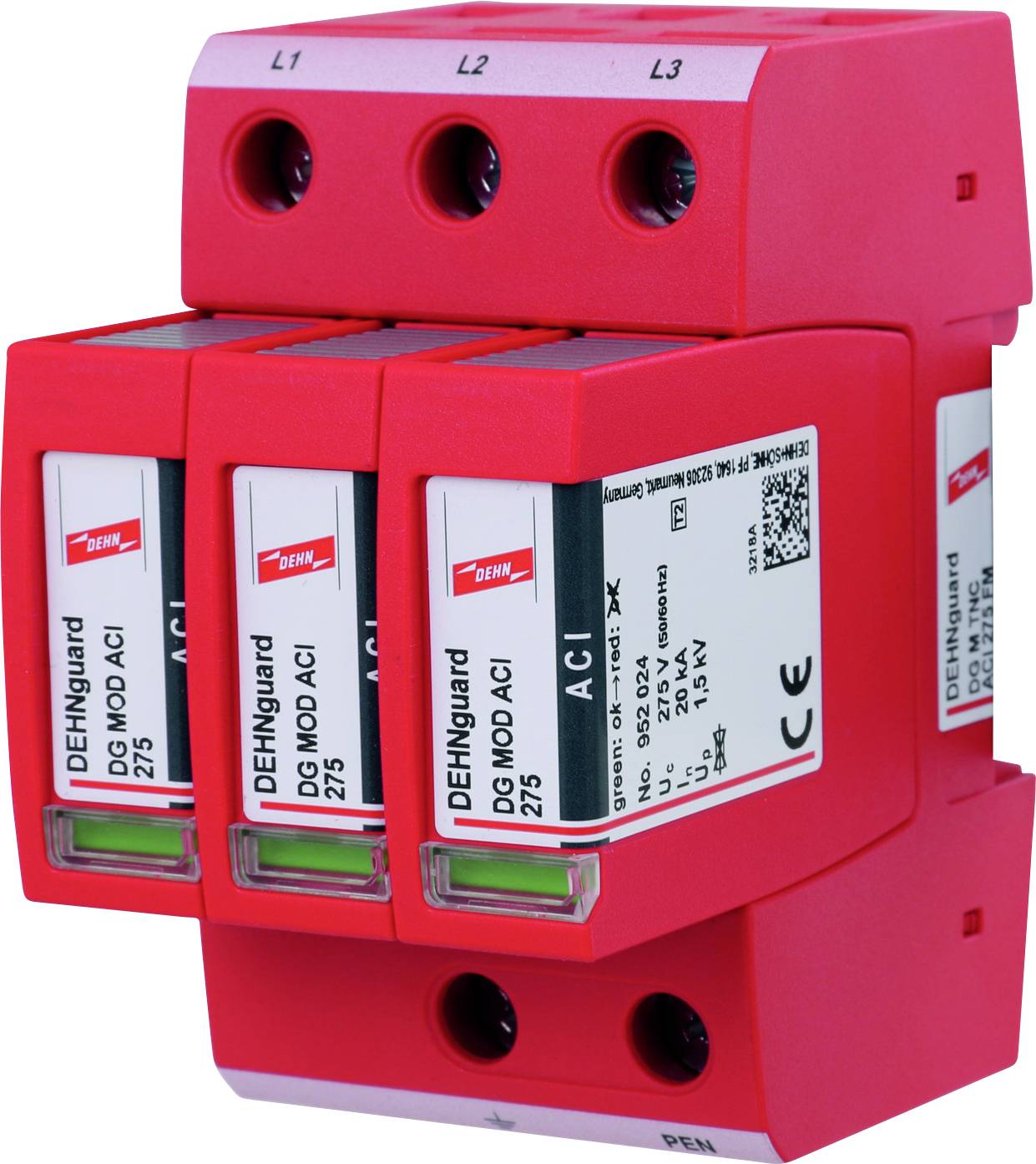 Piros túlfeszültség-védő három modullal, 'DEHNguard' jelöléssel. Csatlakozók felül és termékinformációk az előlapon.