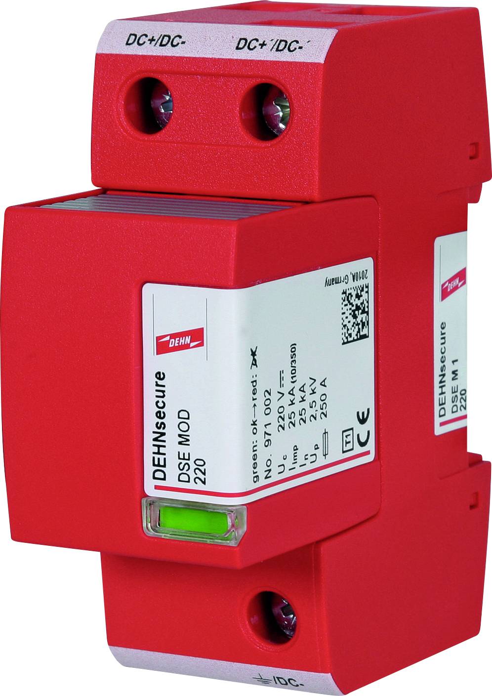DEHN márka piros túlfeszültségvédelmi készülék, DEHNsecure modell. Alkalmas egyenáramú alkalmazásokhoz elektronikai rendszerekben.