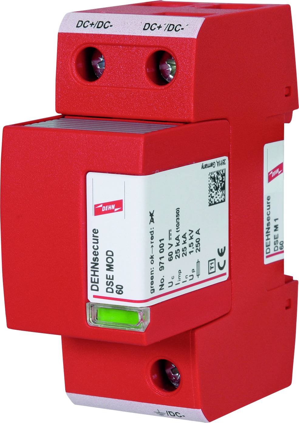 Egy piros elektromos védőeszköz, 'DEHNsecure' felirattal ellátva, specifikus elektromos paramétereket tartalmazó címkével.