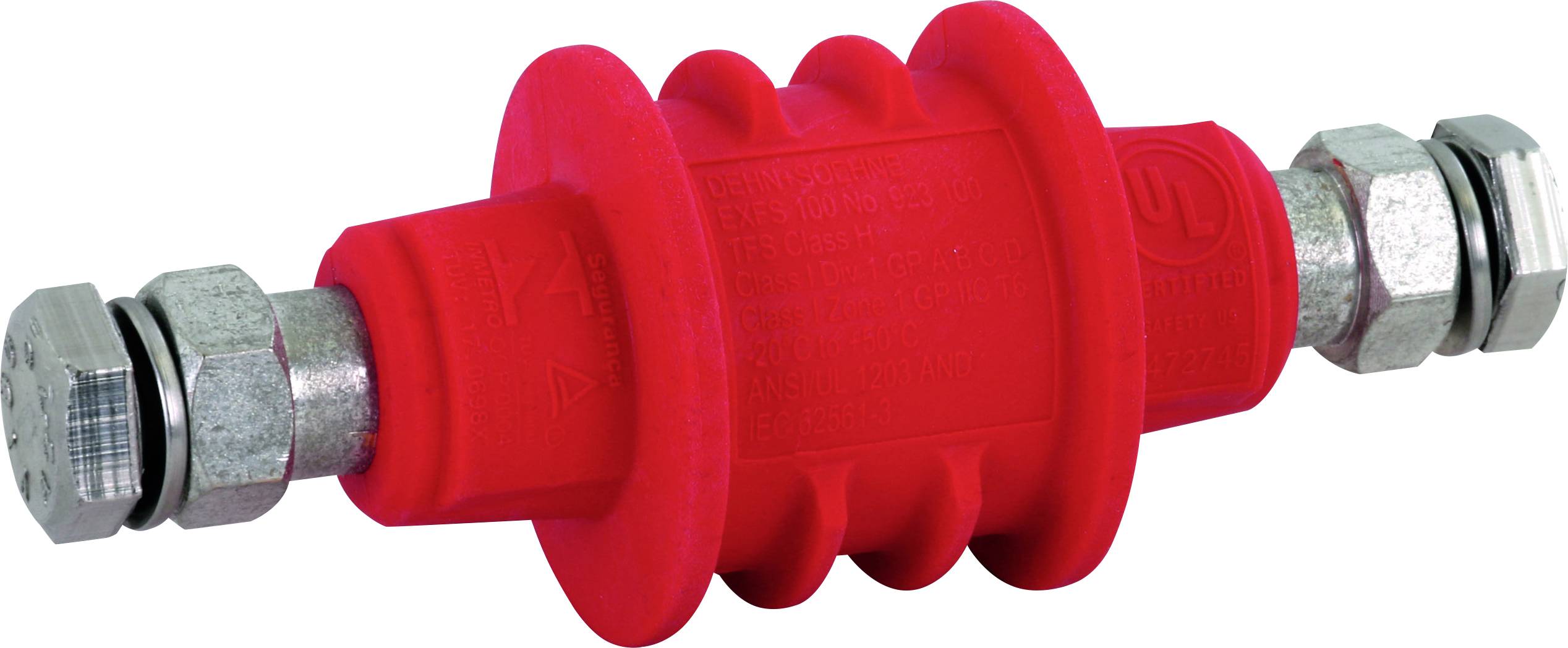 Egy piros villámvédelmi szigetelő fémcsatlakozásokkal mindkét végén, amelyet elektromos rendszerek túlfeszültség elleni védelmére használnak.