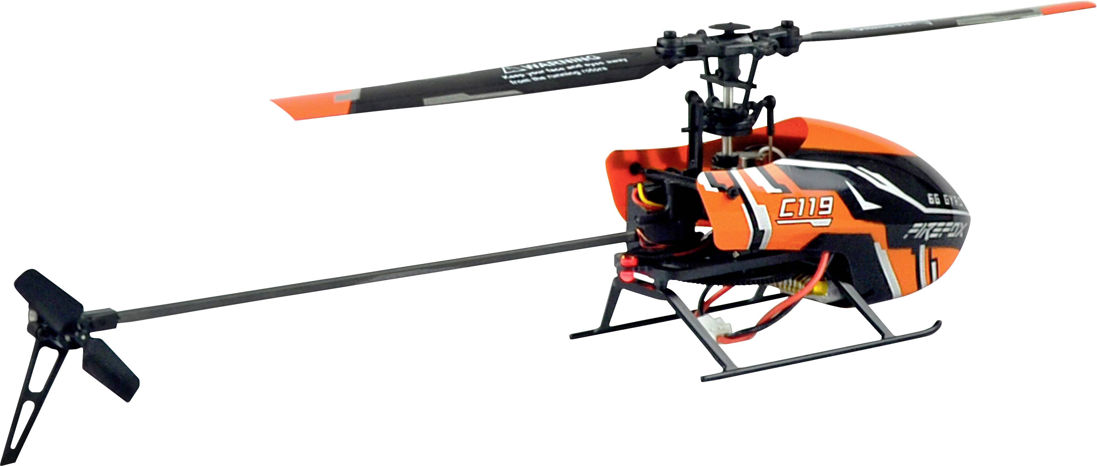 Fekete és narancssárga játék helikopter forgólapátokkal; távirányítós repülésre alkalmas.