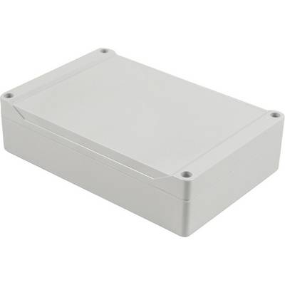 Szürke, téglalap alakú műanyag ház lekerekített sarkokkal és csavarlyukakkal minden sarkon, elektronikai alkatrészek számára alkalmas.