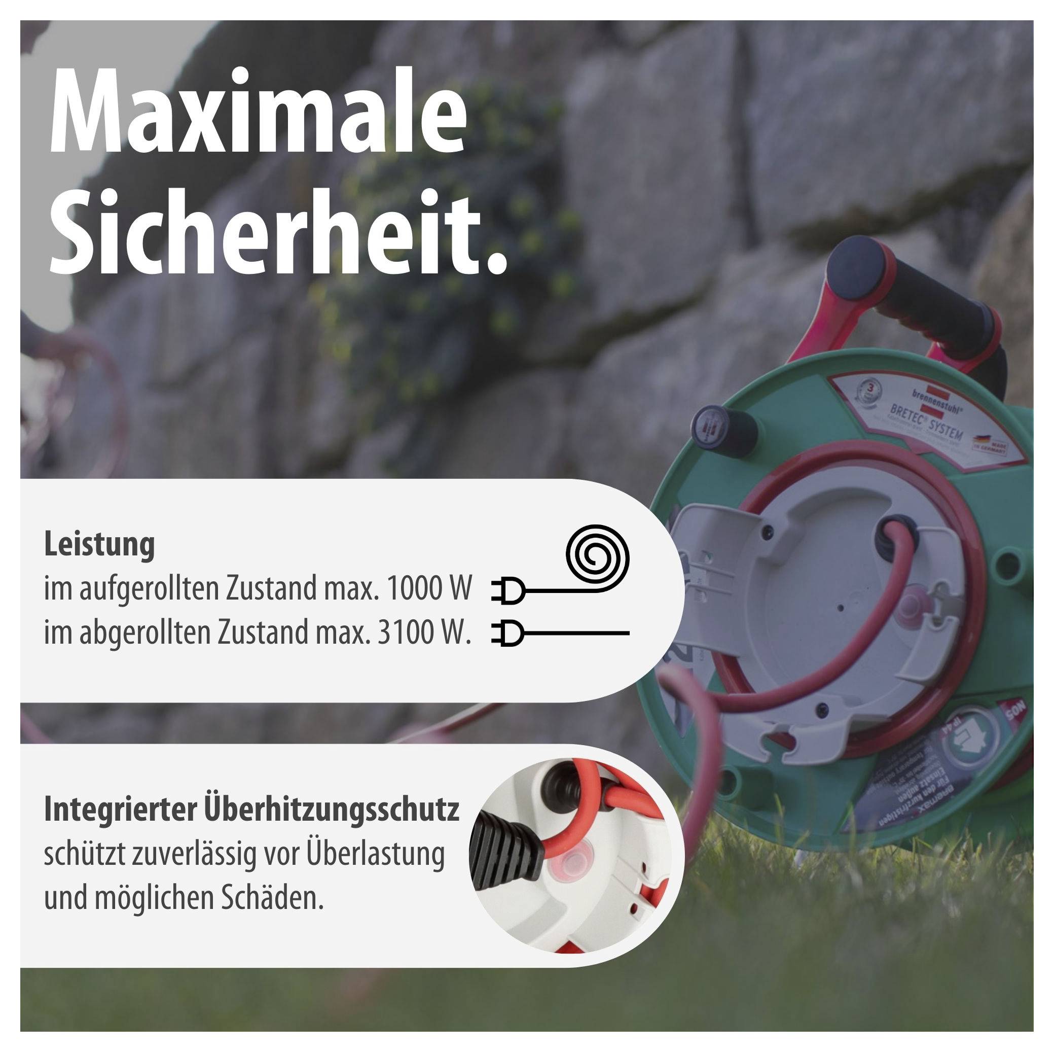 Maximális biztonság.<br><br>Teljesítmény 1000 W feltekerve, 3100 W lefejtve és integrált túlhevülésvédelem.