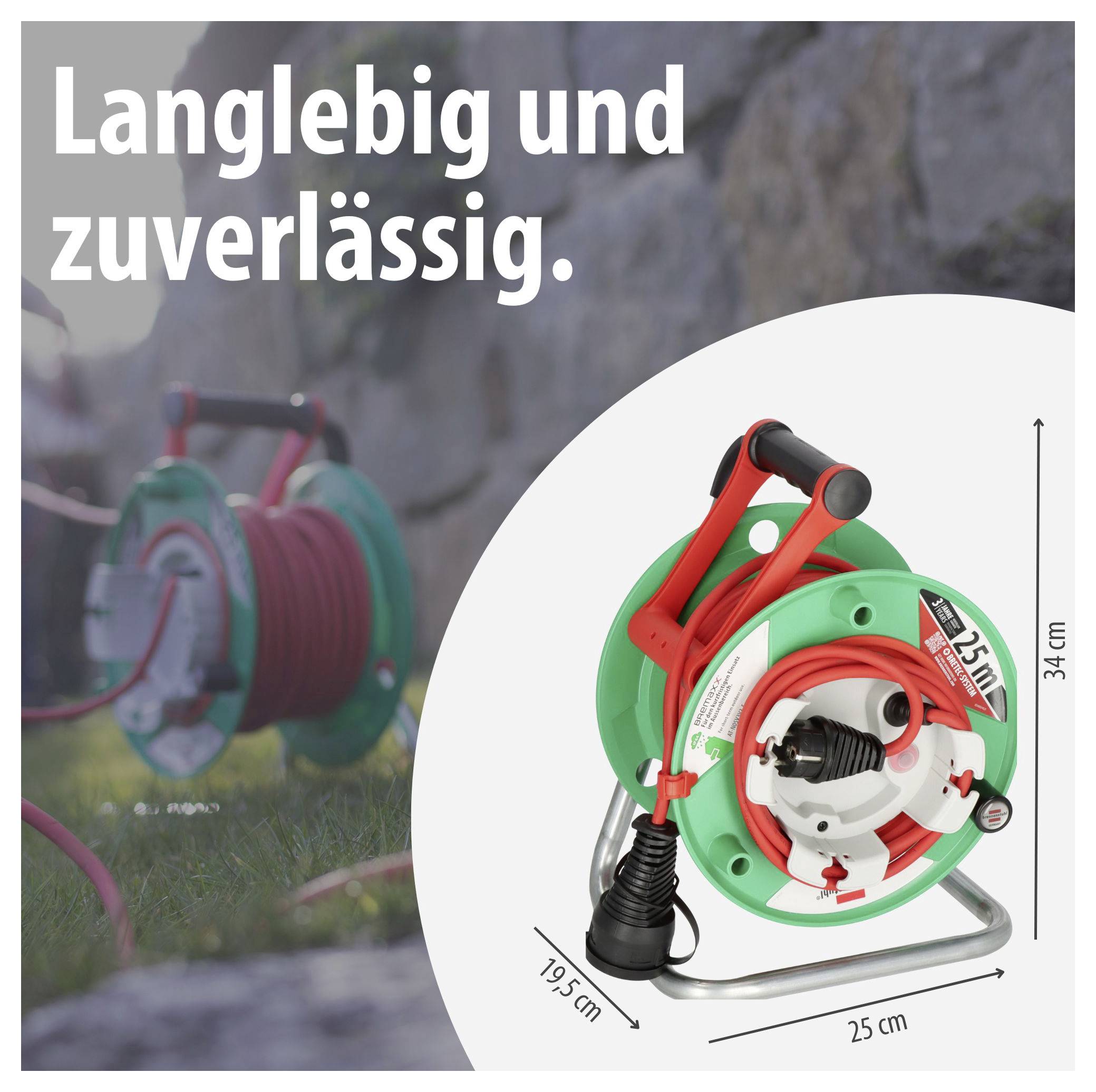 Reklámhirdetés egy kábeltekercselőhöz a "Tartós és megbízható." szöveggel, amely egy zöld modellt mutat piros kábellel és méretadatokkal.