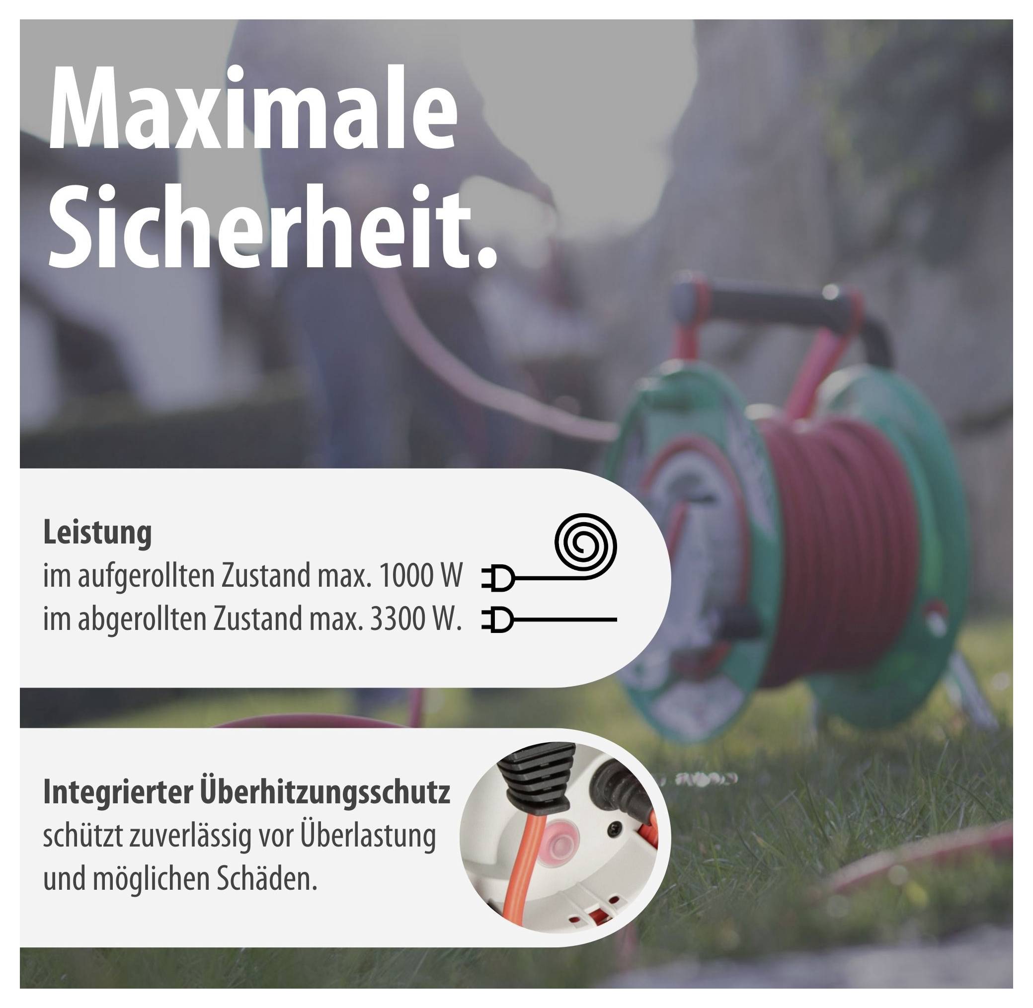 Kábeldobos reklámplakát a „Maximális biztonság" szöveggel: Teljesítmény max. 1000 W feltekercselt, 3300 W lecsavart, integrált túlhevülés-védelem.