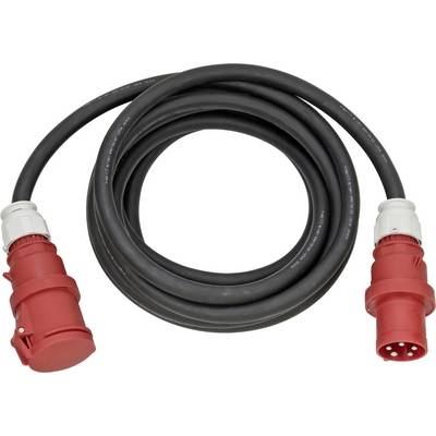 Fekete tekercselt ipari tápkábel piros IEC típusú csatlakozókkal mindkét végén, fehér háttéren megjelenítve.