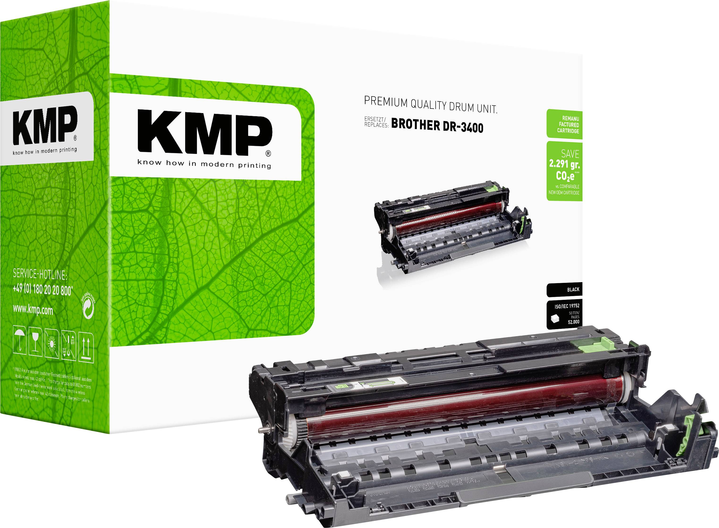 KMP prémium minőségű dobegység a Brother DR-3400-hoz, zöld-fehér csomagolással és a fekete toneregységgel ellátva.