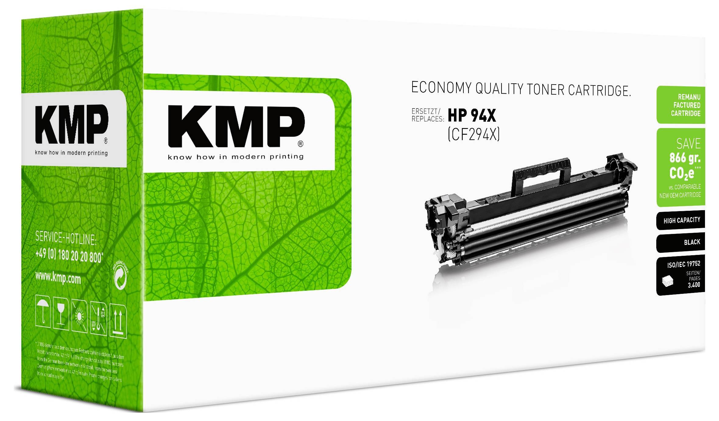 KMP gazdaságos minőségű tonerkészlet HP 94X (CF294X) számára, fekete patronkép és zöld KMP márkajelzéssel bemutatva.