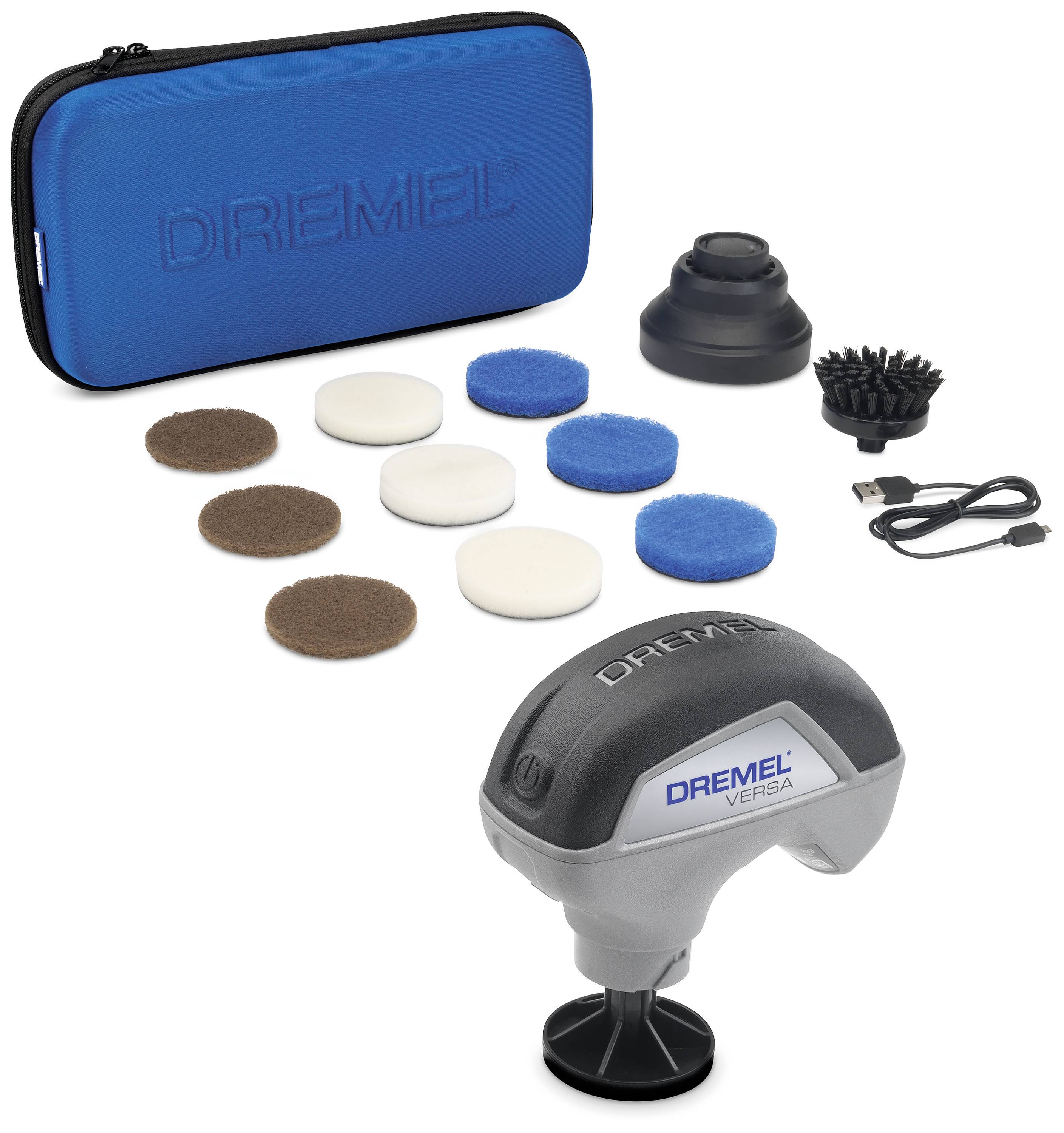 Dremel Versa többfunkciós tisztítókészülék, több cserélhető feltéttel, töltőkábellel és hordtáskával; sokoldalú felülettisztításhoz.