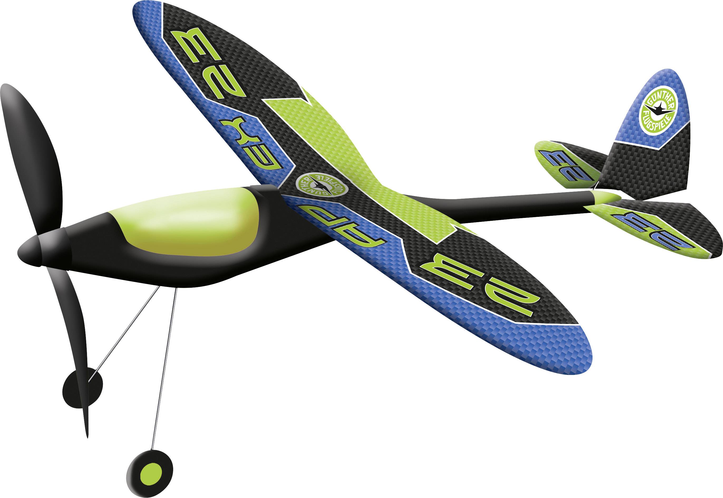 Fekete törzsű, kék és zöld szárnyú, látható propellerrel és merevítőrúddal rendelkező műanyag játék vitorlázógép.