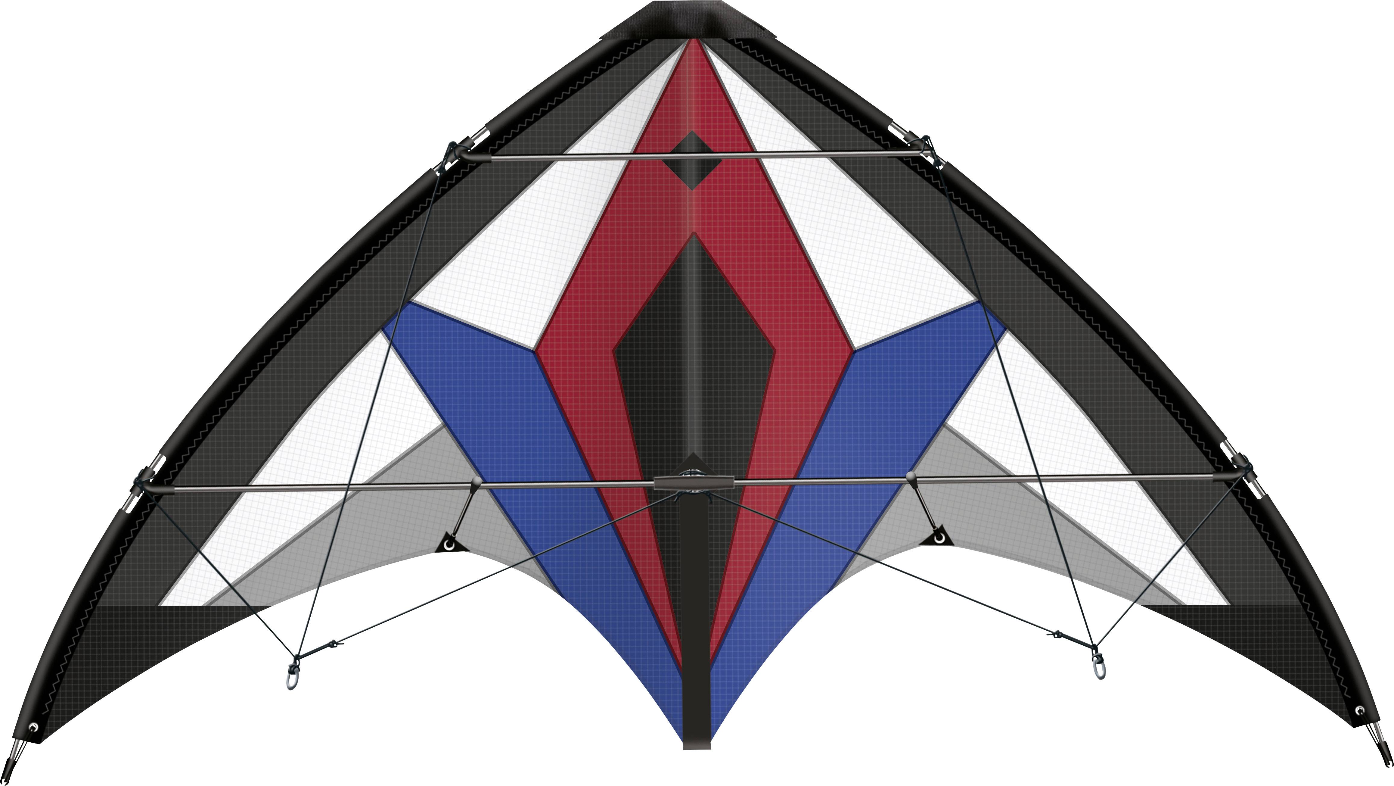 Egy tarka sárkányrepülő geometriai mintázattal vörös, kék, fekete és fehér színekben.