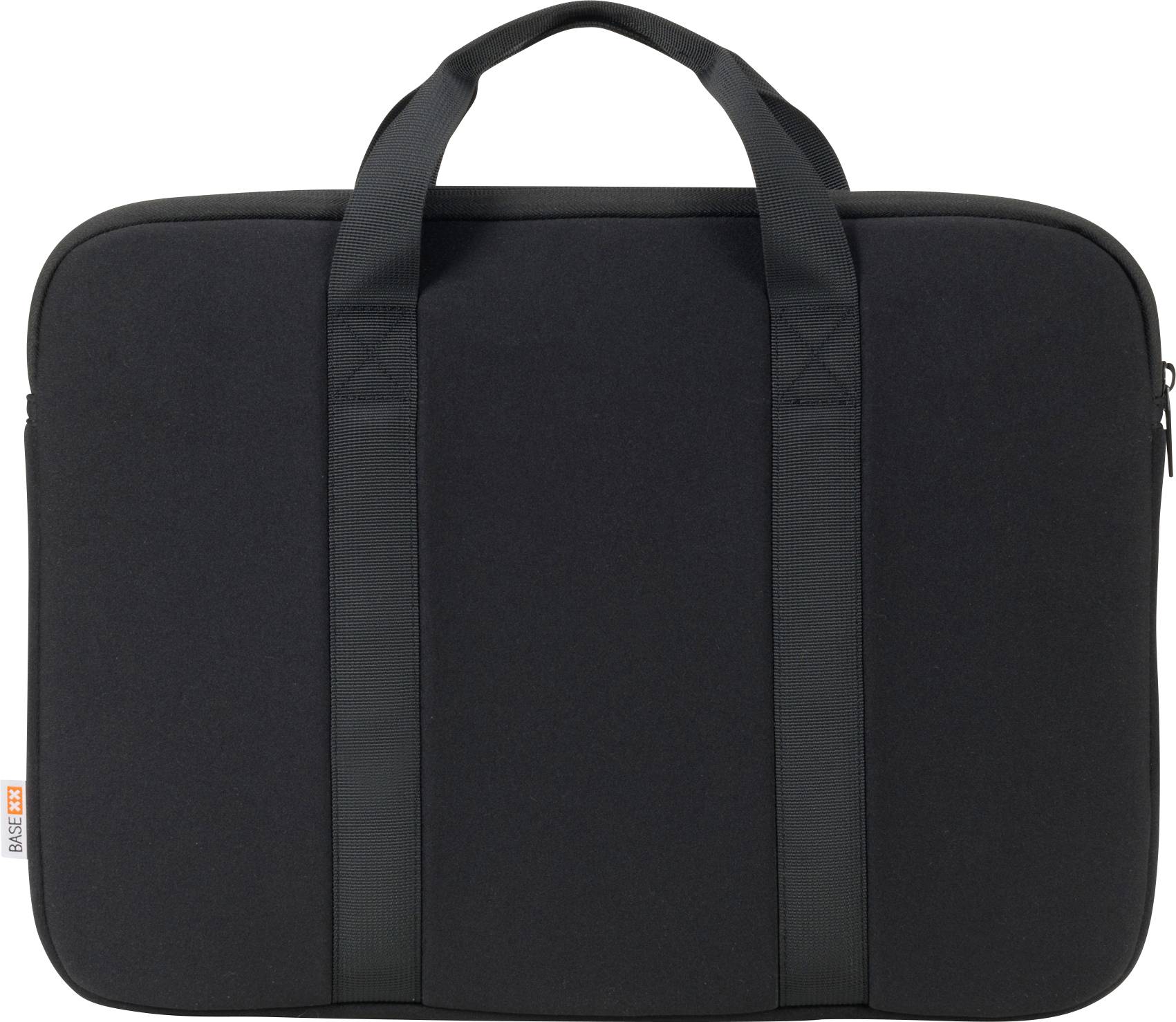 Fekete laptoptáska két erős fogantyúval és cipzárral, egyszerű dizájnnal, alkalmas szállításra.