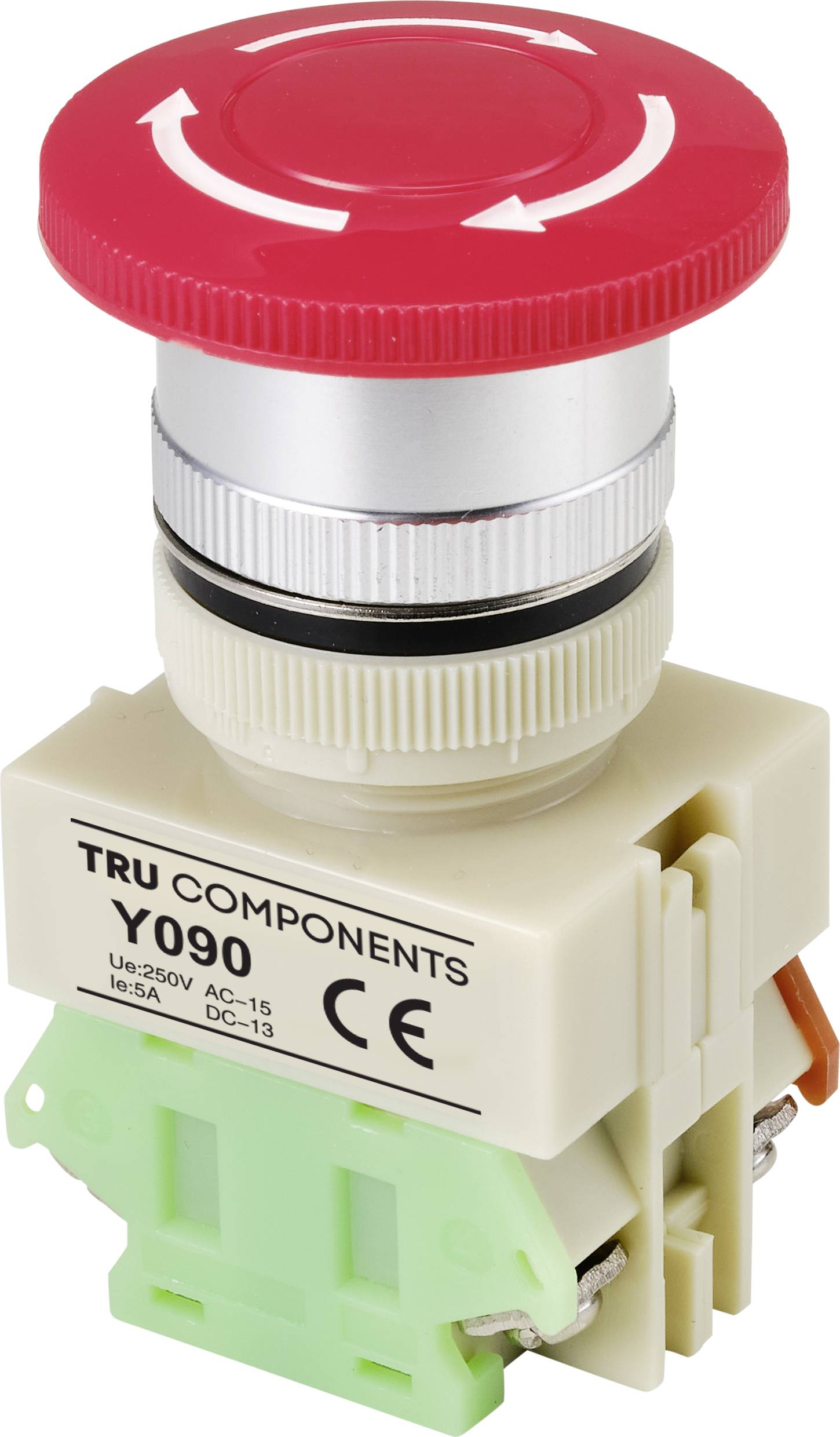 TRU COMPONENTS vészleállító gomb, Y090-as modell, ezüst kerettel műanyag talapzaton. Gravírozott szöveg: 'Y090, CE'.