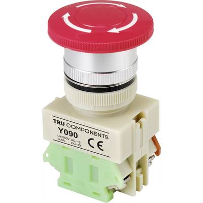 TRU COMPONENTS vészleállító gomb, Y090-as modell, ezüst kerettel műanyag talapzaton. Gravírozott szöveg: 'Y090, CE'.