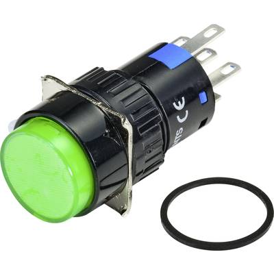 Egy zöld nyomógomb fém kerettel és 'CE' felirattal, amelyet gyakran használnak vezérlésre vagy jelzésadásra elektronikus eszközökben.