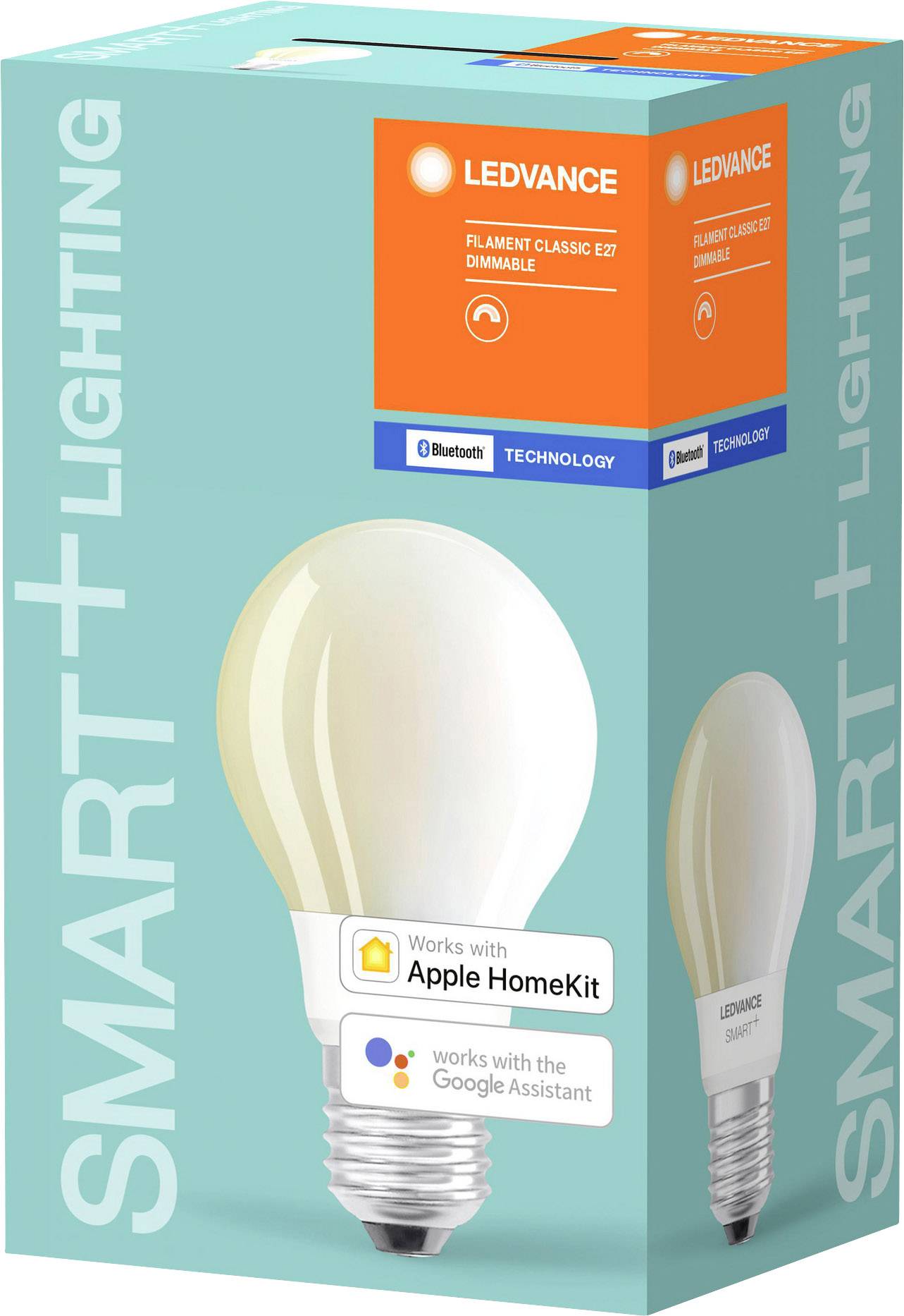 LEDVANCE LED-lámpa, kompatibilis Apple HomeKit-tel és Google Asszisztenssel. A csomagon Bluetooth-szimbólum látható.