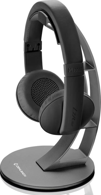 Fekete over-ear fejhallgató egy modern állványon. Tökéletes zenehallgatáshoz vagy gamerkedéshez.