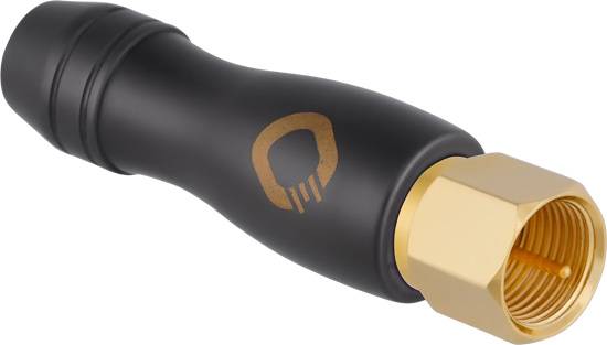 Fekete, ergonomikus antennaszabályzó adapter arany csavarmenetes rögzítéssel és egy logóval az oldalán.