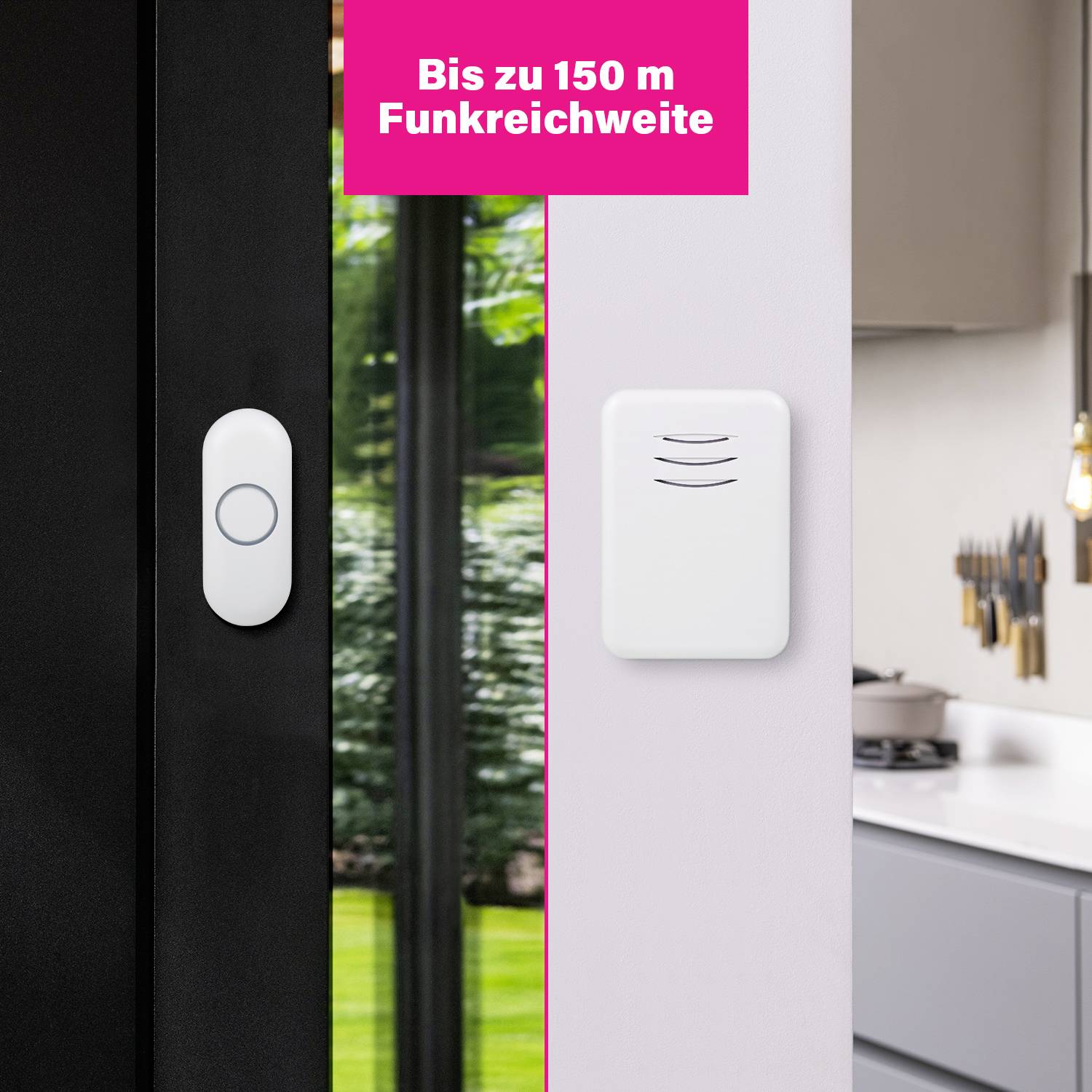 Egy ajtóérzékelő és vevőegység egy helyiségben, rádiós kommunikációval összekötve. Szöveg felül: 'Akár 150 m-es rádiós hatótávolság'.