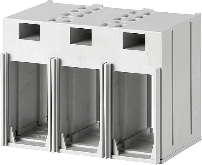 Szürke műanyagból készült, hárompólusú elektromos csatlakozó nyitott kialakítással, kábelek rögzítésére.