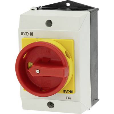 Egy sárga háttérrel rendelkező piros forgókapcsoló, amelyen az 'Eaton' felirat szerepel, szürke házba szerelve. Védettségi fokozat IP65.