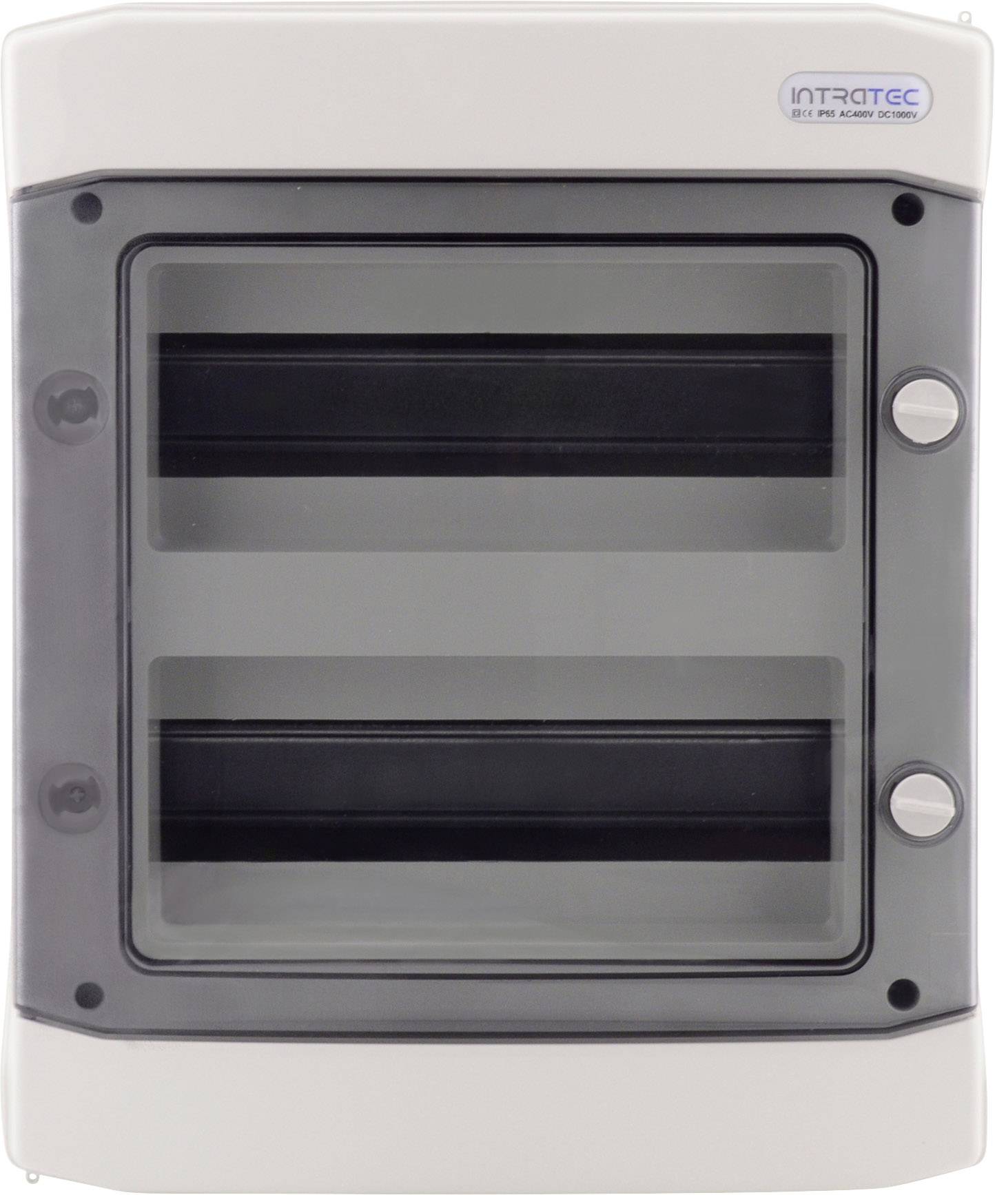 Elektromos alkatrészek háza, átlátszó ablak ellenőrzéshez, két kerek gomb a jobb oldalon.