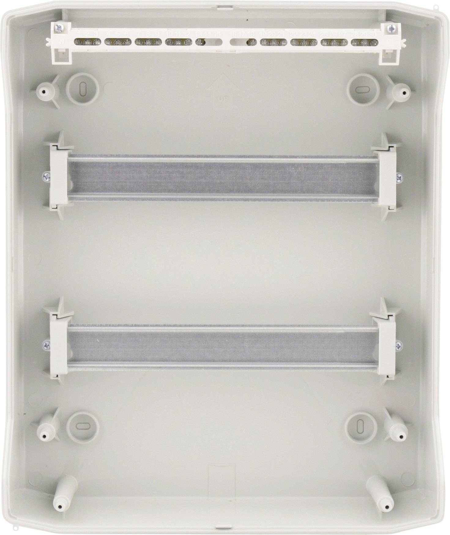 Üres, nyitott műanyag ház szerelőrudakkal és rögzítőgyűrűkkel, elektromos szerelésekhez alkalmas.