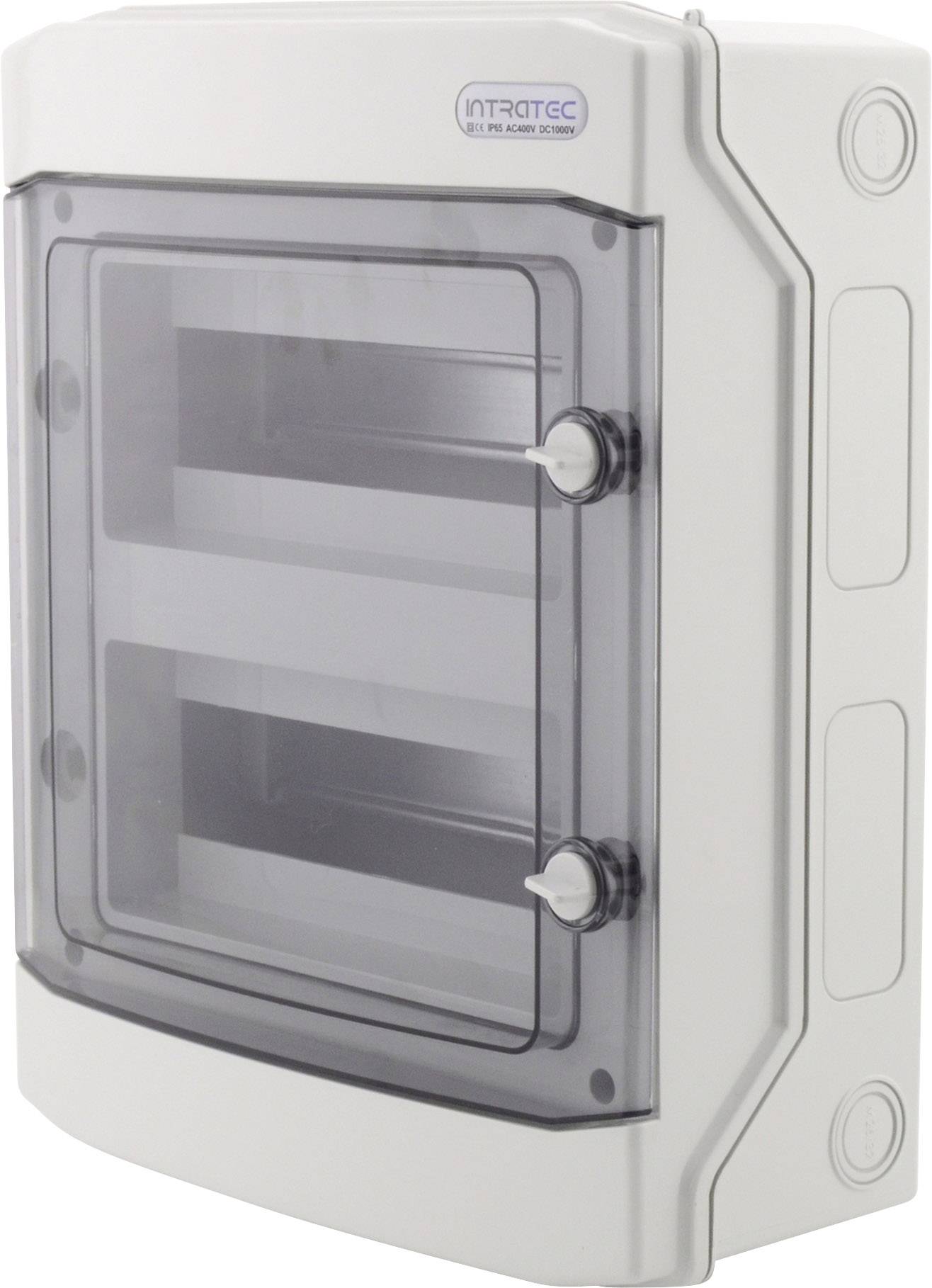 Műanyag elektromos elosztószekrény átlátszó védőfedéllel és elöl két kapcsolóval, biztosítékok beépítésére.