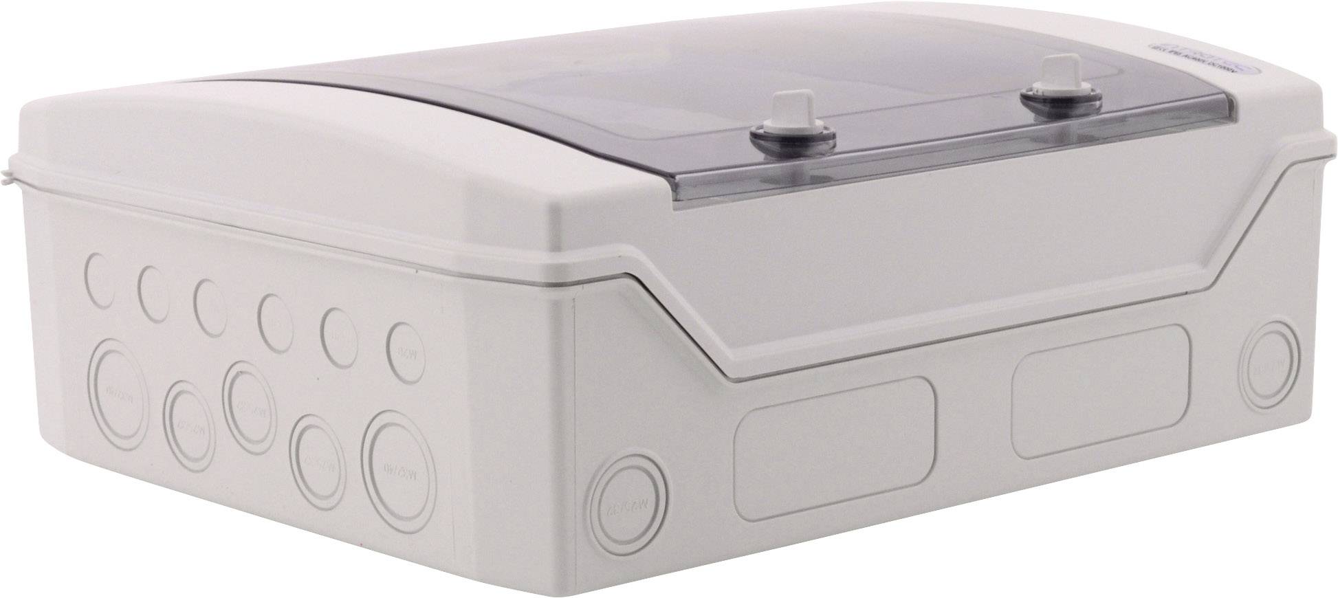 Egy szürke műanyag ház átlátszó fedéllel; előre kialakított be- és kimeneti nyílásokkal, amelyek perforálhatók.