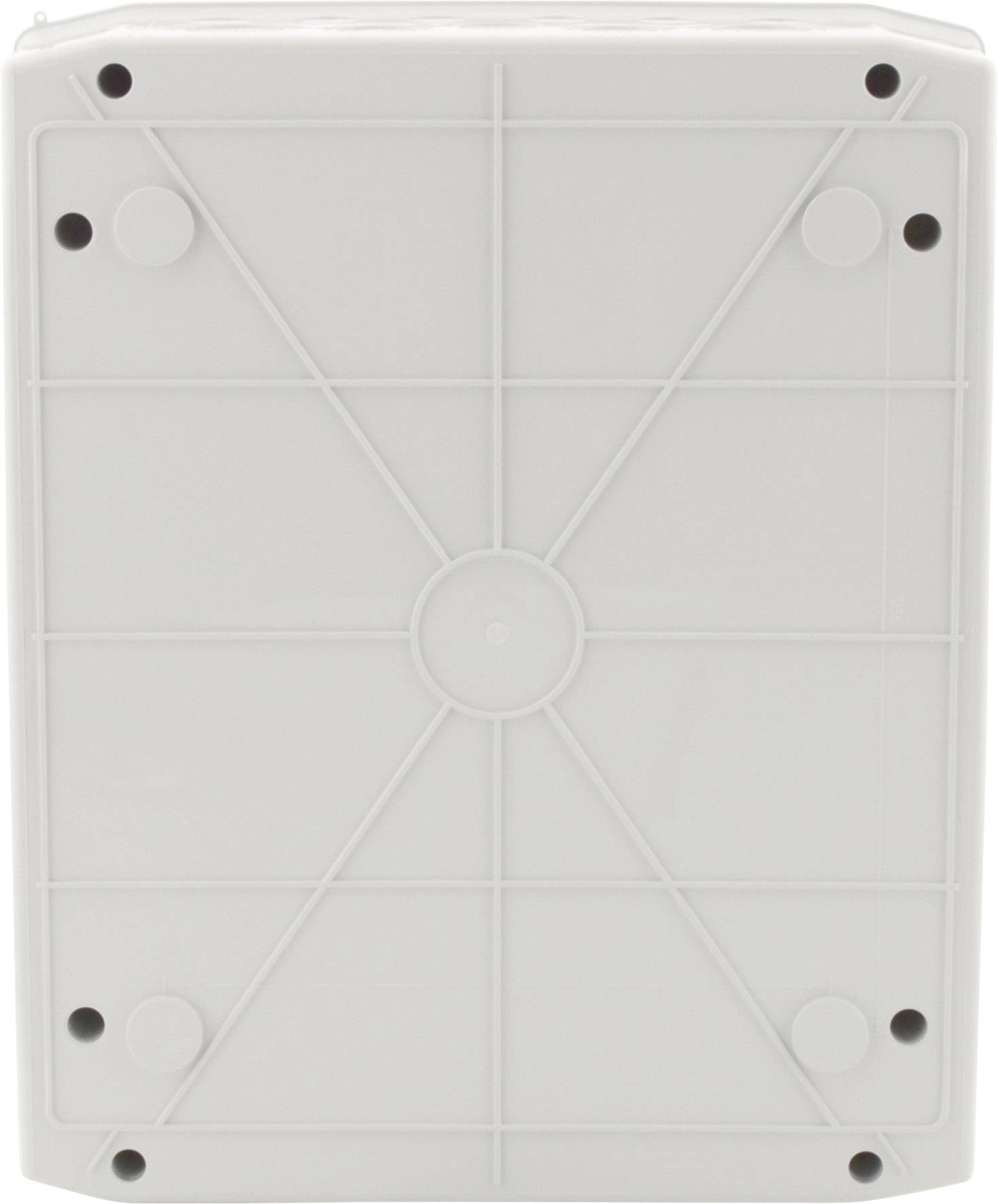 Egy szürke, téglalap alakú ház hátsó oldala, amelynek sarkaiban kerek gumilábak vannak, és amelynek teljes felületét egy keresztmintázat borítja.