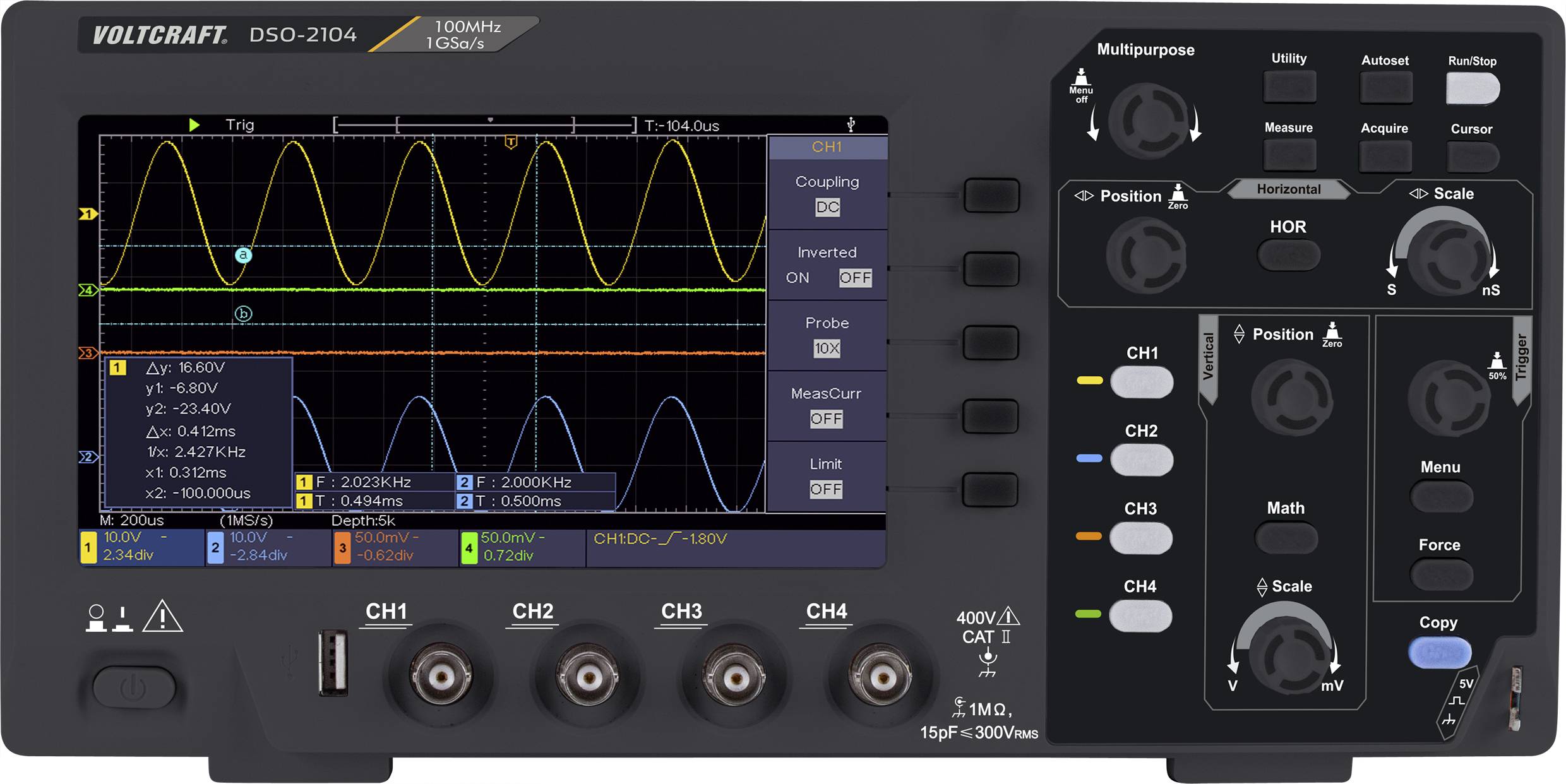 VOLTCRAFT DSO-2104 Digitális oszcilloszkóp Kalibráció (ISO) 100 MHz 4 csatornás 1 GSa/mp 80 kpts 8 bit Digitális memória (DSO) 1 db