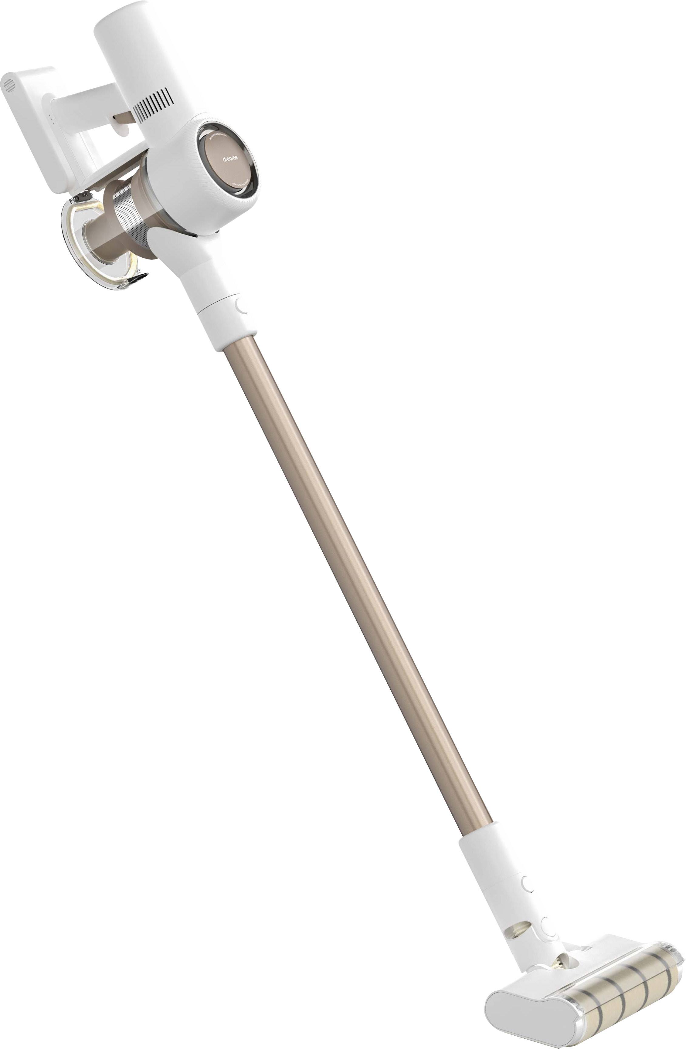 Egy vezeték nélküli, fehér rúdporszívó arany részletekkel. Tökéletes a padlók rugalmas és könnyű takarításához.