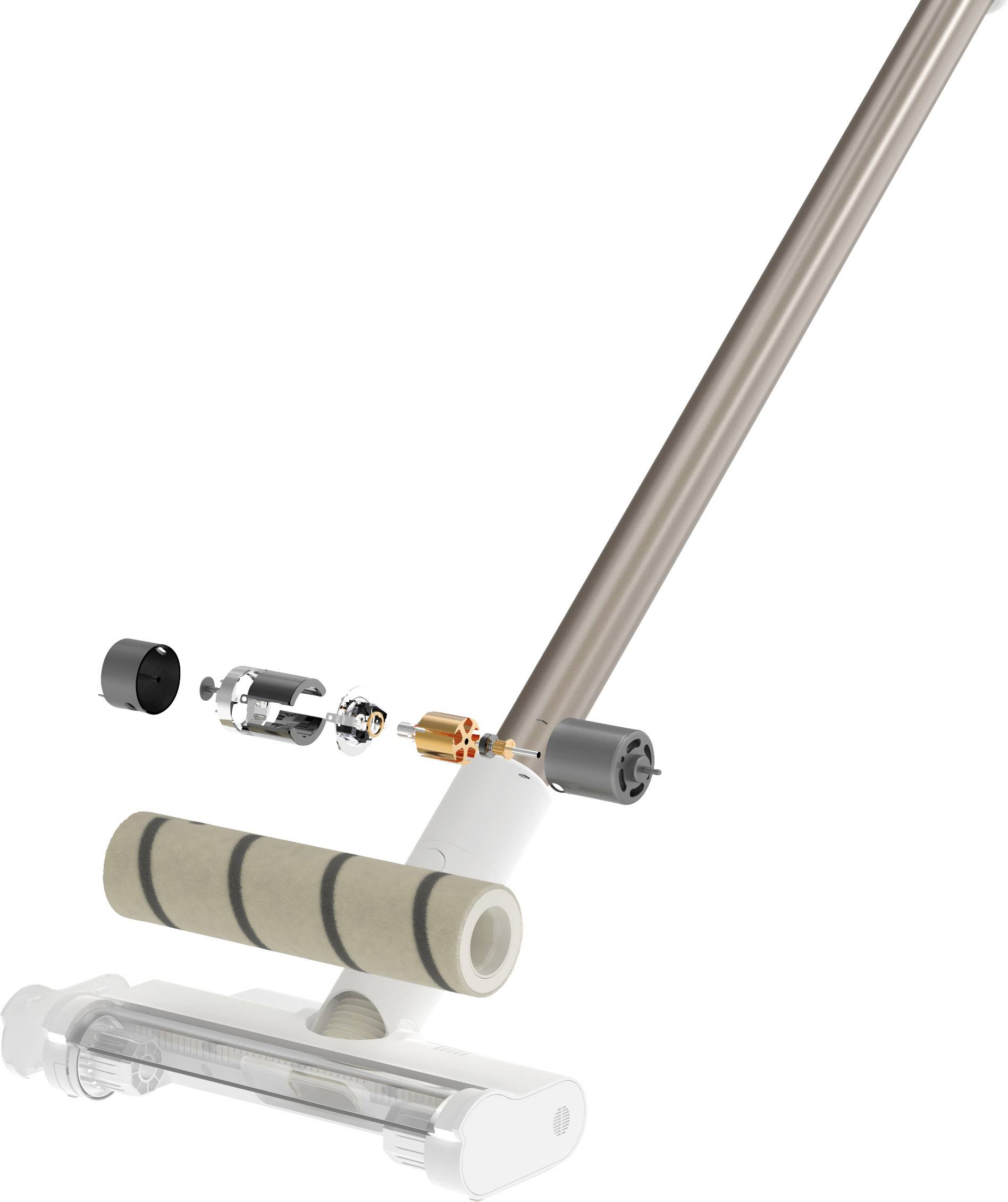 Hosszú nyélű porszívófej; a kefehenger és a motor szétszerelt alkatrészeit mutatja tisztítás vagy karbantartás céljából.