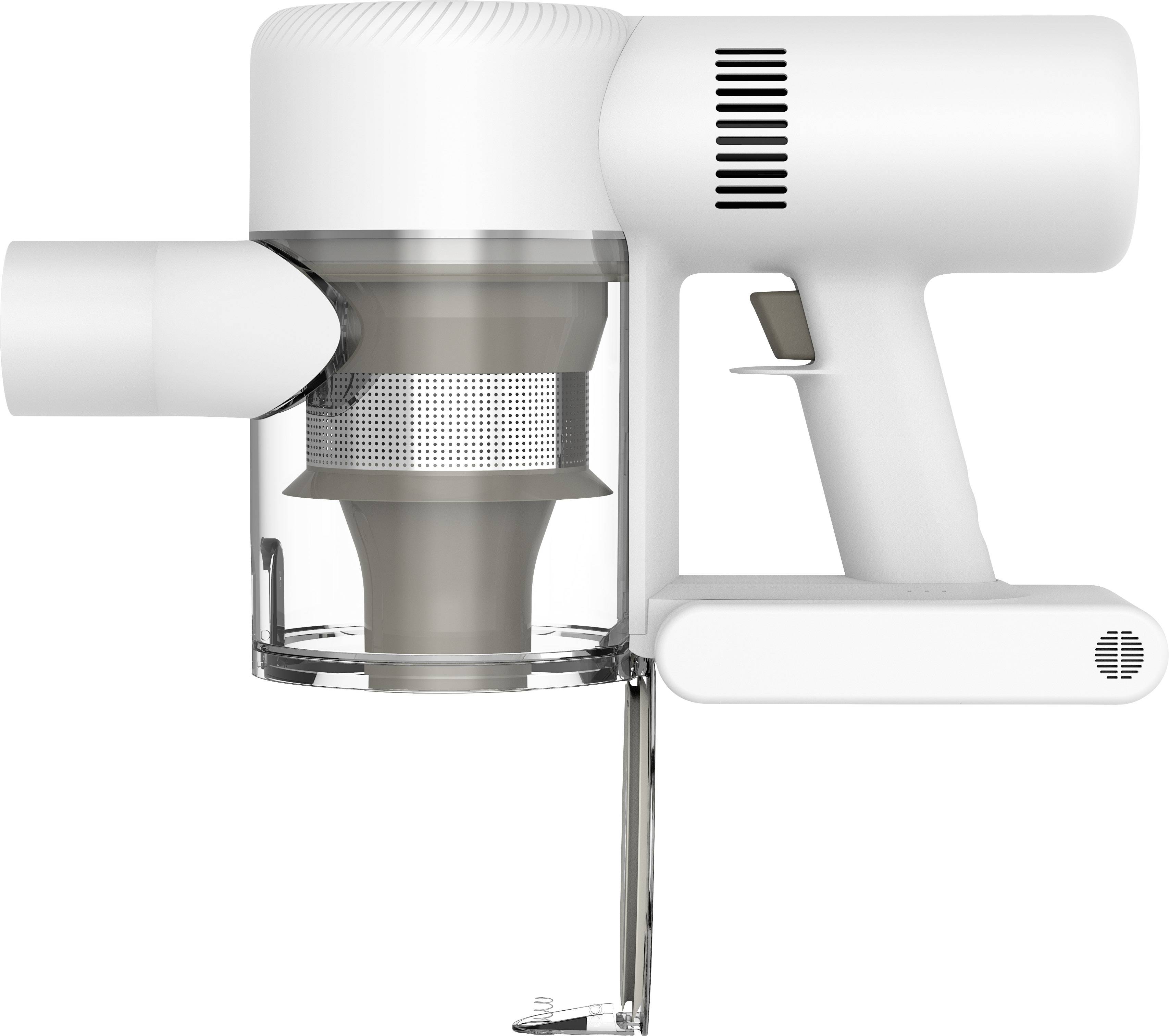 Egy fehér, vezeték nélküli porszívó átlátszó portartállyal és ergonomikus fogantyúval. Otthoni takarításra alkalmas.