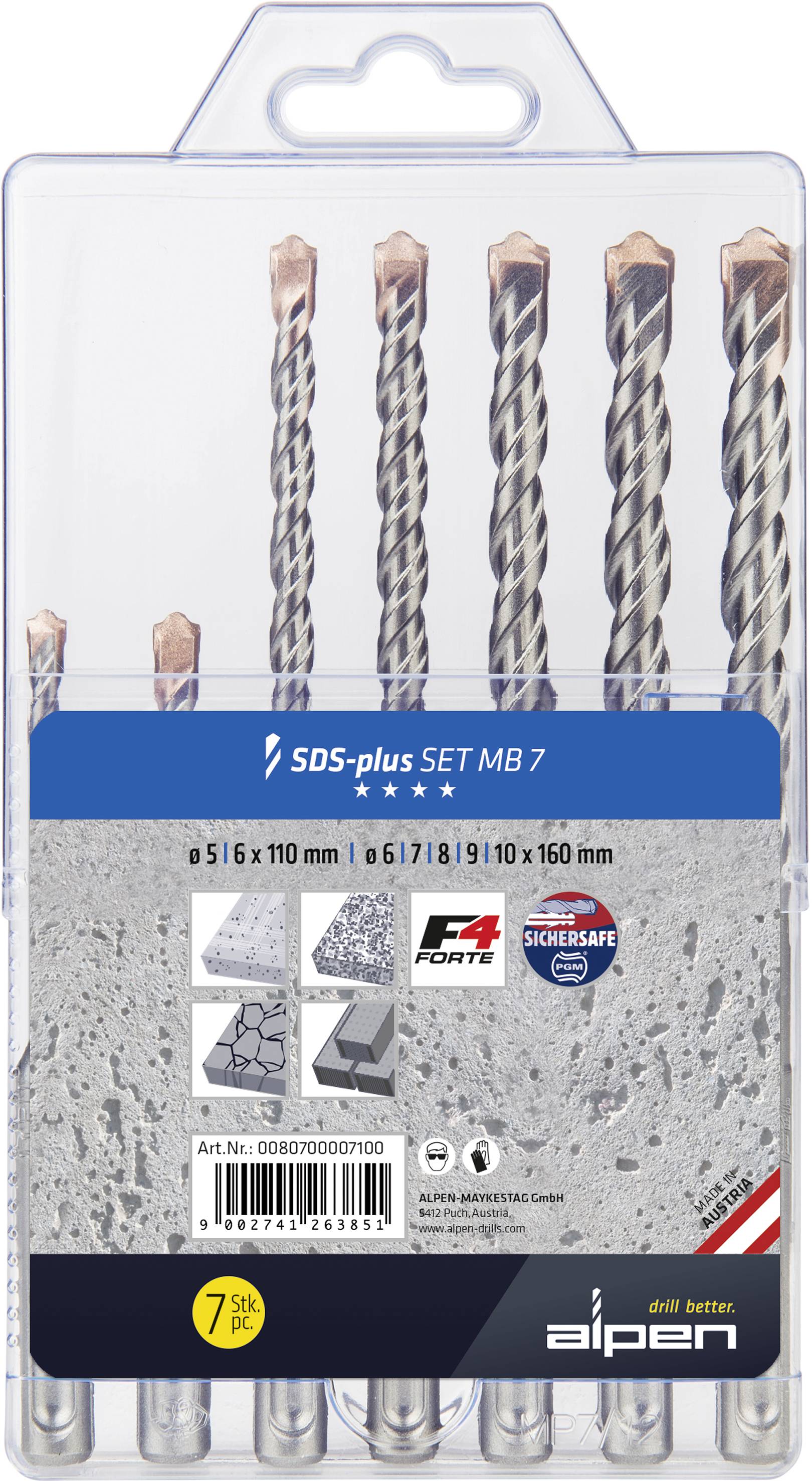 Alpen 0080700007100 Acél Beton spirálfúró készlet 5 mm, 6 mm, 7 mm, 8 mm, 9 mm, 10 mm SDS-Plus 1 készlet